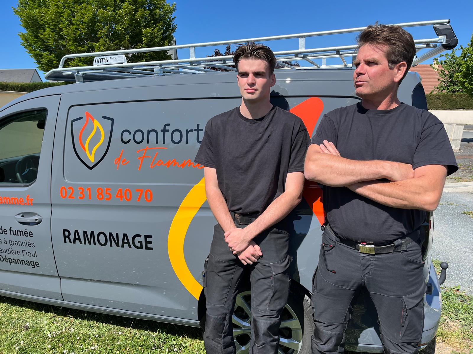 Nathan et Charly Bunel, artisans ramoneurs à Argences